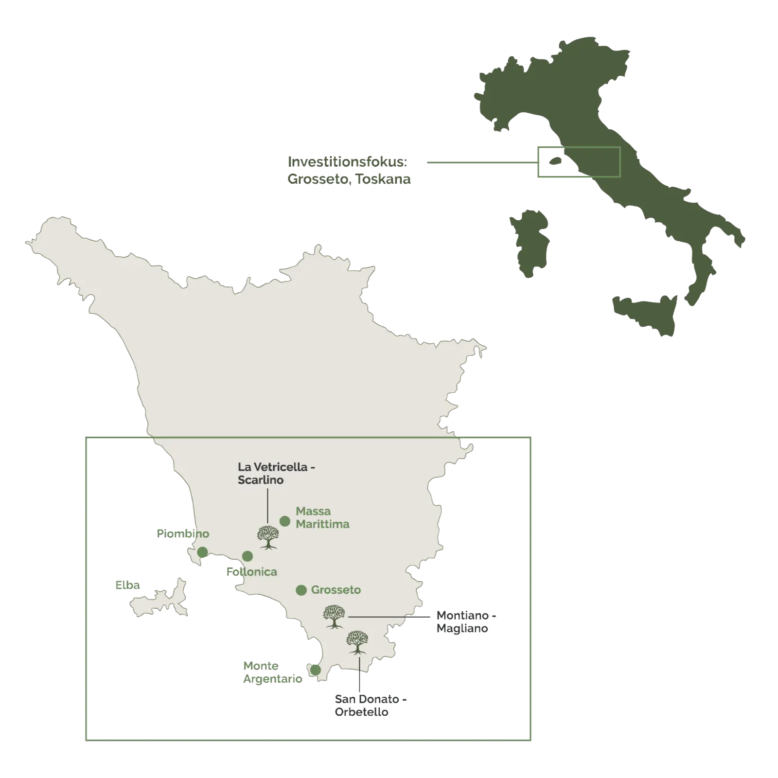 Eine Zeichnung einer Karte von Italien mit Fokus auf eine Region in der Toskana wo die Bäume gepflanzt werden.